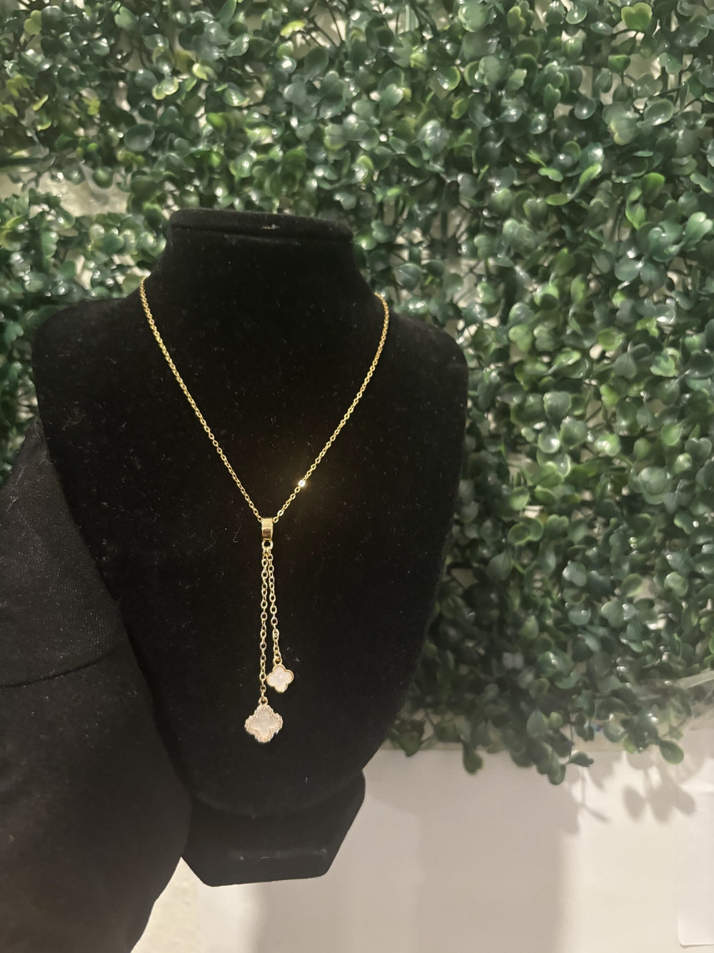 Gold Lariat Necklace with Double Clover Drops